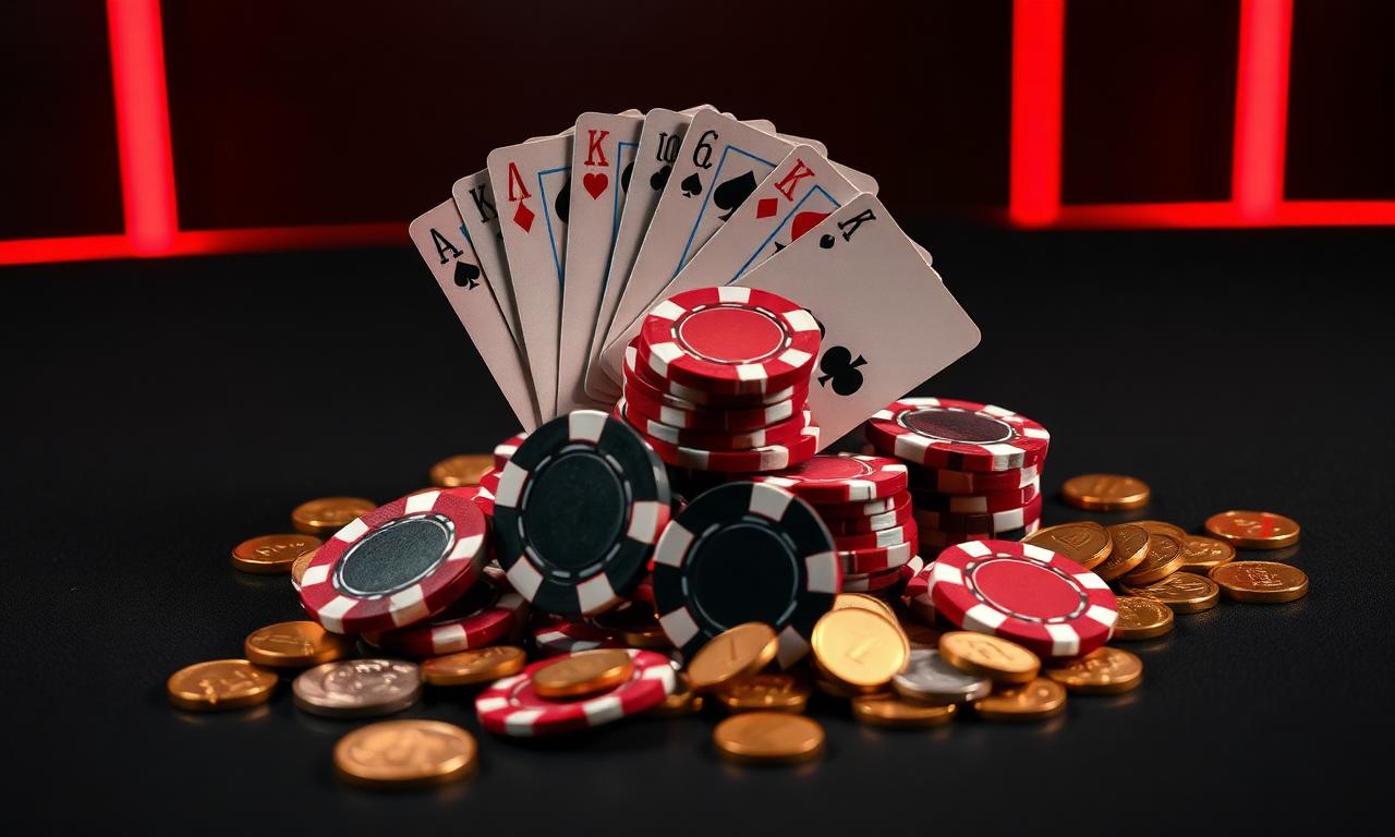 Stack of red Slots of Vegas chips and playing cards under a red glow